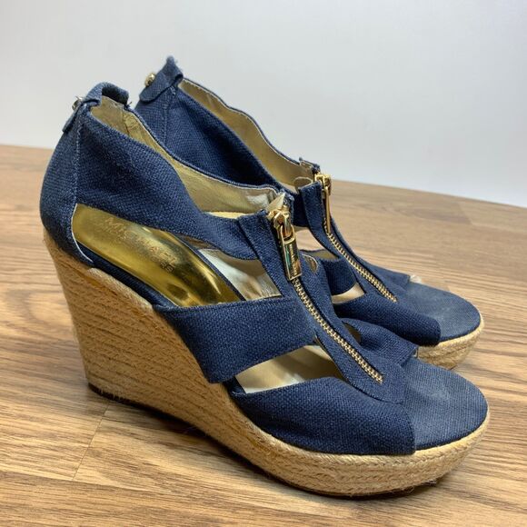 Michael Kors Womens Damita Espadrille Sandals Blue Denim Wedge Zip Ultra High 8M - Picture 1 of 10
